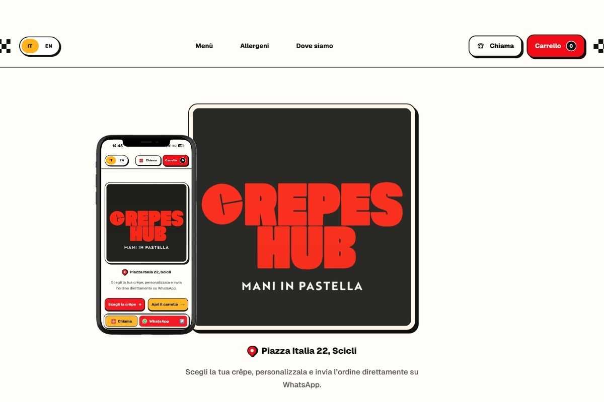 Schermata reale del configuratore del menù digitale Crepes Hub